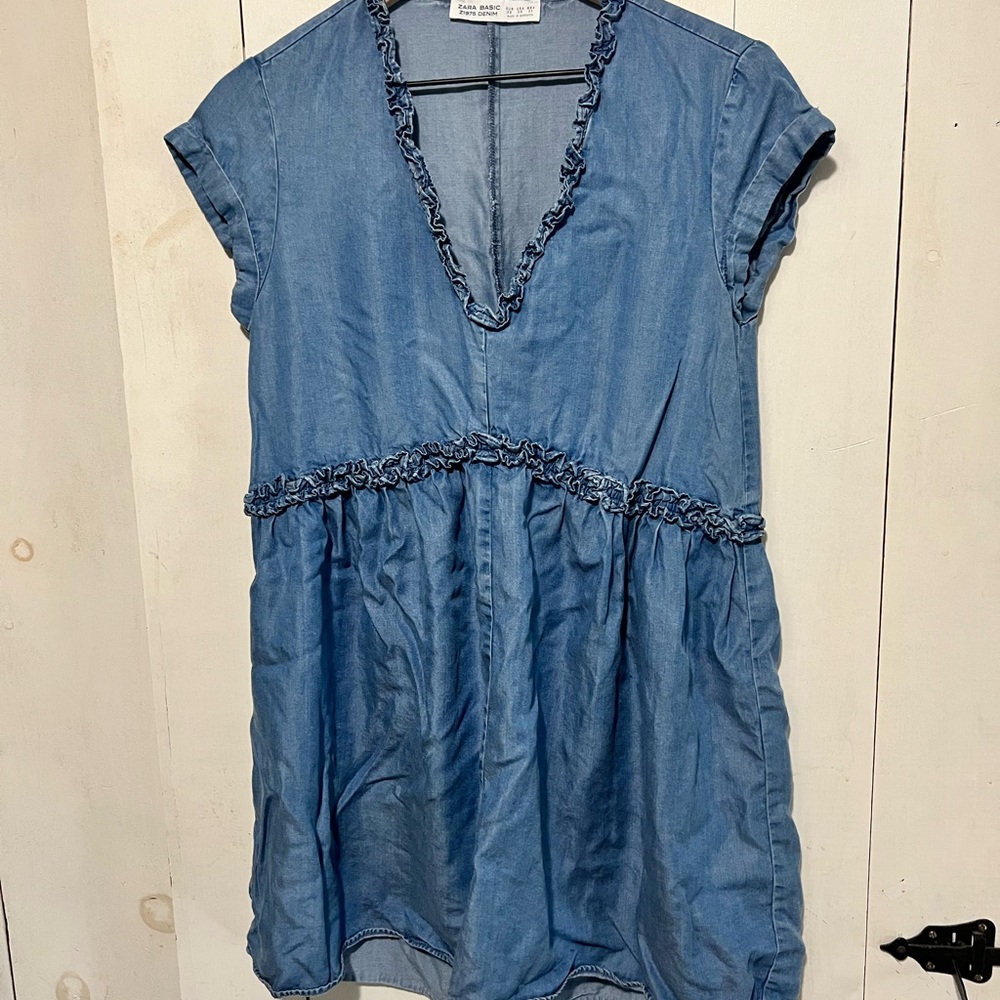 Zara Blue Denim Tunic with Ruffle Details